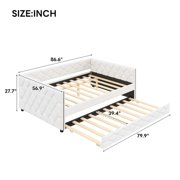 English Elm Full Xl Tufted Pu Leather Daybed with Trundle and App Controlled Led Lighting N7090000611K