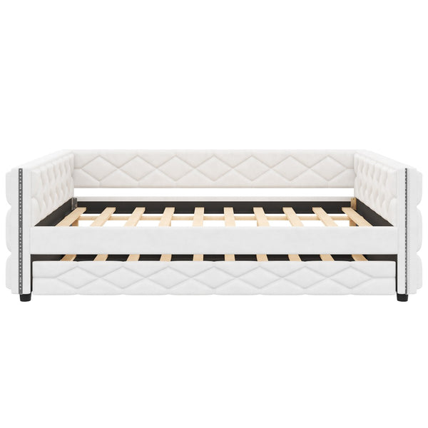 English Elm Full Xl Tufted Pu Leather Daybed with Trundle and App Controlled Led Lighting N7090000611K