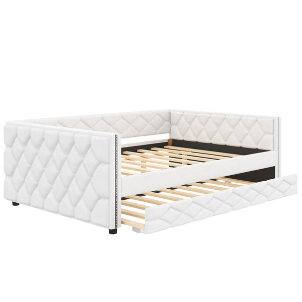 English Elm Full Xl Tufted Pu Leather Daybed with Trundle and App Controlled Led Lighting N7090000611K