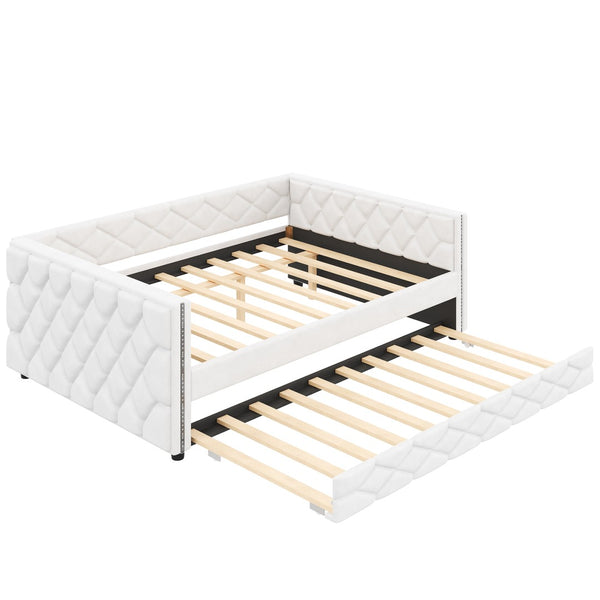 English Elm Full Xl Tufted Pu Leather Daybed with Trundle and App Controlled Led Lighting N7090000611K