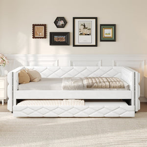 English Elm Full Xl Tufted Pu Leather Daybed with Trundle and App Controlled Led Lighting N7090000611K