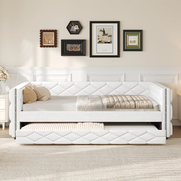 English Elm Full Xl Tufted Pu Leather Daybed with Trundle and App Controlled Led Lighting N7090000611K