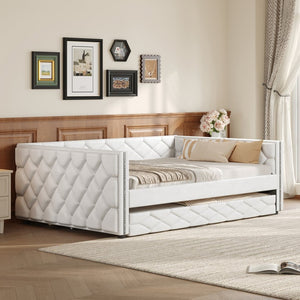 English Elm Full Xl Tufted Pu Leather Daybed with Trundle and App Controlled Led Lighting N7090000611K