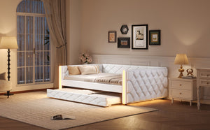 English Elm Full Xl Tufted Pu Leather Daybed with Trundle and App Controlled Led Lighting N7090000611K