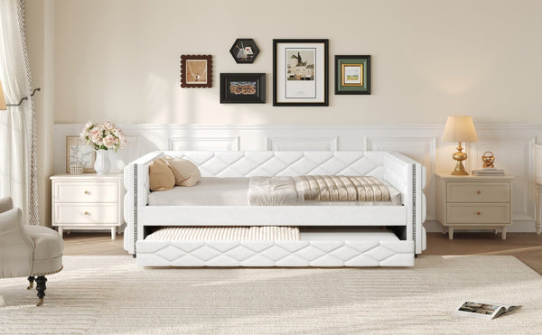 English Elm Full Xl Tufted Pu Leather Daybed with Trundle and App Controlled Led Lighting N7090000611K
