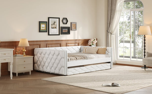 English Elm Full Xl Tufted Pu Leather Daybed with Trundle and App Controlled Led Lighting N7090000611K