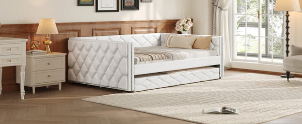 English Elm Full Xl Tufted Pu Leather Daybed with Trundle and App Controlled Led Lighting N7090000611K