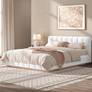English Elm Queen Bouclé Channel Tufted Platform Bed with Rubberwood Base for Minimalist Bedrooms White Upholstered N7090000621K