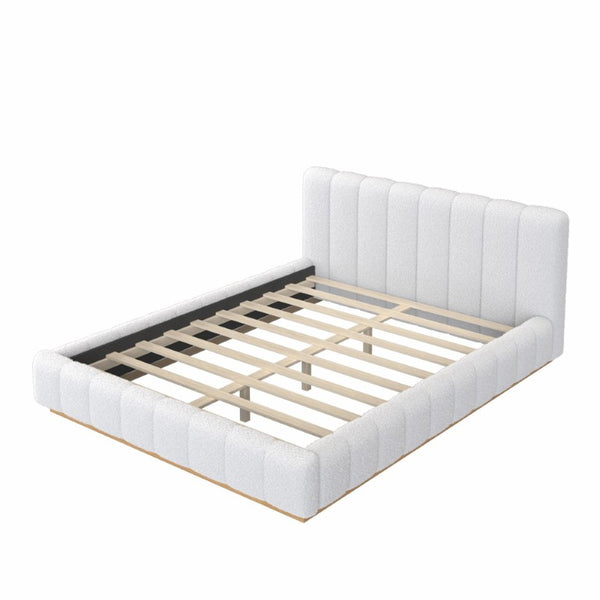 English Elm Queen Bouclé Channel Tufted Platform Bed with Rubberwood Base for Minimalist Bedrooms White Upholstered N7090000621K