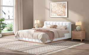 English Elm Queen Bouclé Channel Tufted Platform Bed with Rubberwood Base for Minimalist Bedrooms White Upholstered N7090000621K