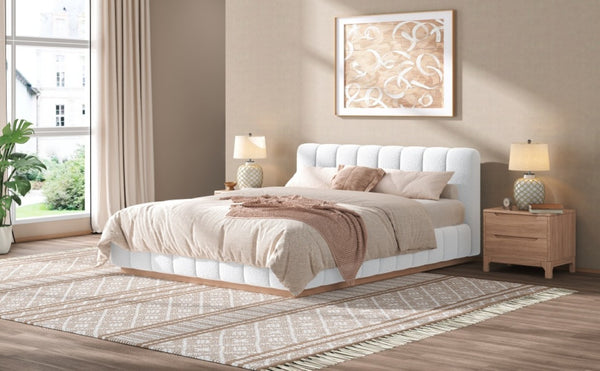 English Elm Queen Bouclé Channel Tufted Platform Bed with Rubberwood Base for Minimalist Bedrooms White Upholstered N7090000621K