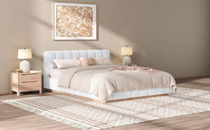 English Elm Queen Bouclé Channel Tufted Platform Bed with Rubberwood Base for Minimalist Bedrooms White Upholstered N7090000621K