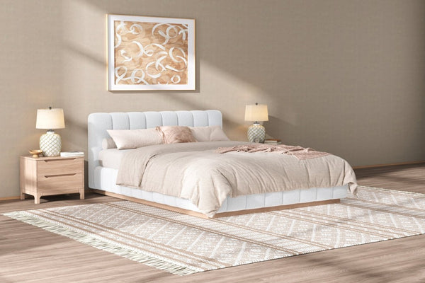 English Elm Queen Bouclé Channel Tufted Platform Bed with Rubberwood Base for Minimalist Bedrooms White Upholstered N7090000621K
