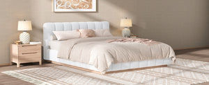 English Elm Queen Bouclé Channel Tufted Platform Bed with Rubberwood Base for Minimalist Bedrooms White Upholstered N7090000621K