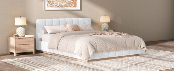 English Elm Queen Bouclé Channel Tufted Platform Bed with Rubberwood Base for Minimalist Bedrooms White Upholstered N7090000621K
