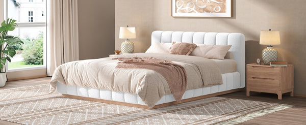English Elm Queen Bouclé Channel Tufted Platform Bed with Rubberwood Base for Minimalist Bedrooms White Upholstered N7090000621K