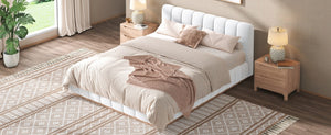English Elm Queen Bouclé Channel Tufted Platform Bed with Rubberwood Base for Minimalist Bedrooms White Upholstered N7090000621K