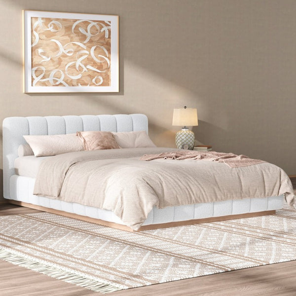 English Elm Queen Bouclé Channel Tufted Platform Bed with Rubberwood Base for Minimalist Bedrooms White Upholstered N7090000621K