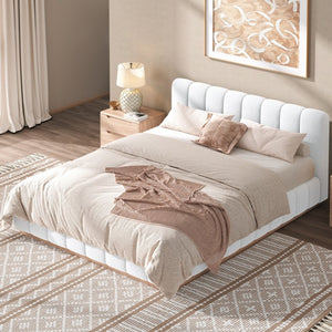 English Elm Queen Bouclé Channel Tufted Platform Bed with Rubberwood Base for Minimalist Bedrooms White Upholstered N7090000621K