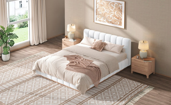 English Elm Queen Bouclé Channel Tufted Platform Bed with Rubberwood Base for Minimalist Bedrooms White Upholstered N7090000621K