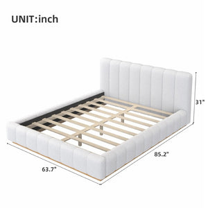 English Elm Queen Bouclé Channel Tufted Platform Bed with Rubberwood Base for Minimalist Bedrooms White Upholstered N7090000621K