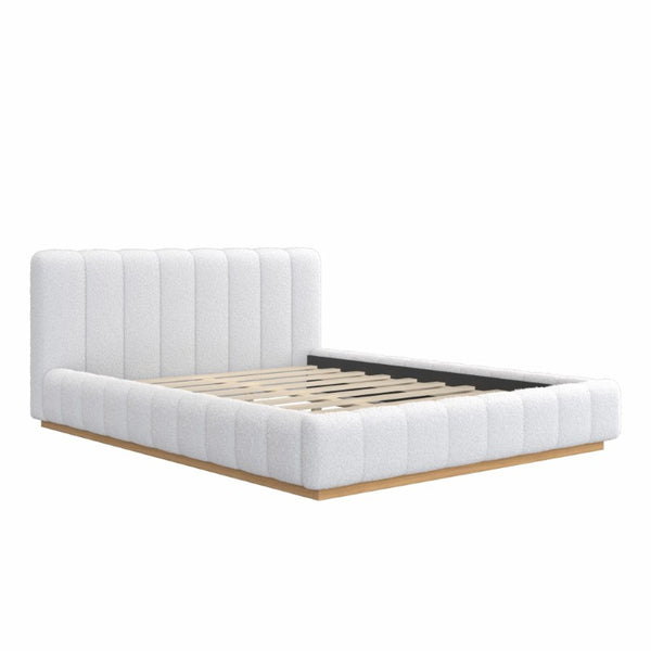 English Elm Queen Bouclé Channel Tufted Platform Bed with Rubberwood Base for Minimalist Bedrooms White Upholstered N7090000621K