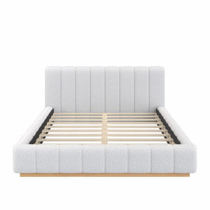 English Elm Queen Bouclé Channel Tufted Platform Bed with Rubberwood Base for Minimalist Bedrooms White Upholstered N7090000621K