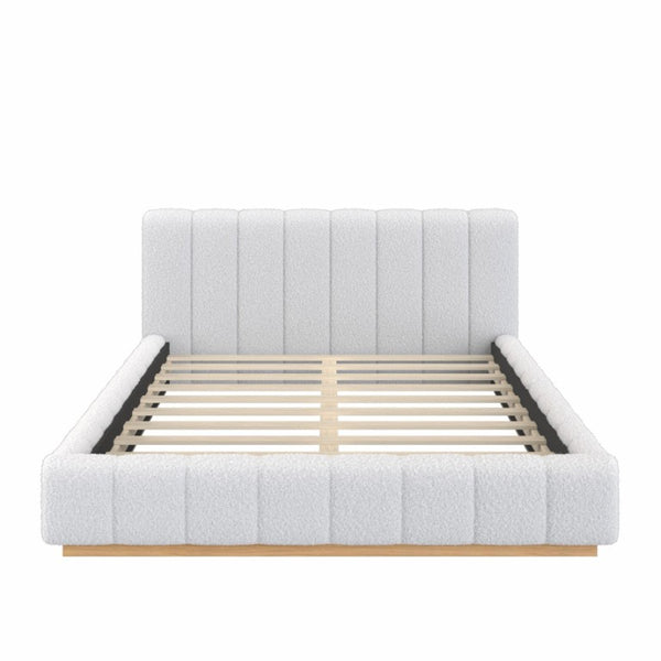 English Elm Queen Bouclé Channel Tufted Platform Bed with Rubberwood Base for Minimalist Bedrooms White Upholstered N7090000621K