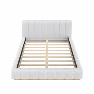 English Elm Queen Bouclé Channel Tufted Platform Bed with Rubberwood Base for Minimalist Bedrooms White Upholstered N7090000621K