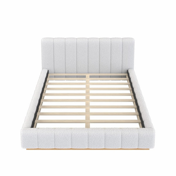 English Elm Queen Bouclé Channel Tufted Platform Bed with Rubberwood Base for Minimalist Bedrooms White Upholstered N7090000621K