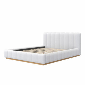English Elm Queen Bouclé Channel Tufted Platform Bed with Rubberwood Base for Minimalist Bedrooms White Upholstered N7090000621K