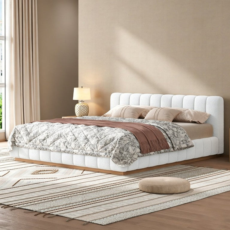 English Elm Modern Bouclé King Platform Bed Low Profile Rubberwood Base Channel Tufted Frame N7090000622K