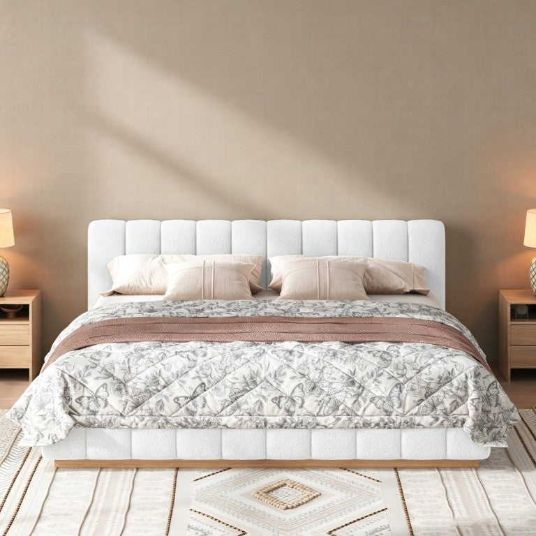 English Elm Modern Bouclé King Platform Bed Low Profile Rubberwood Base Channel Tufted Frame N7090000622K