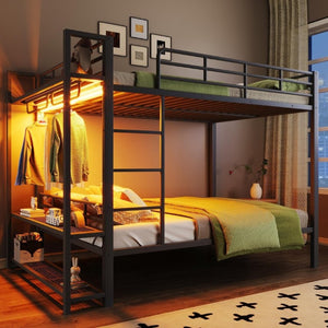 English Elm Full Over Metal Bunk Bed with LED Lighting Mesh Shelves and Hooks for Kids N7090000667B-1