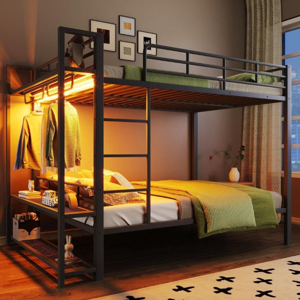 English Elm Full Over Metal Bunk Bed with LED Lighting Mesh Shelves and Hooks for Kids N7090000667B-1
