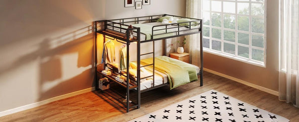 English Elm Full Over Metal Bunk Bed with LED Lighting Mesh Shelves and Hooks for Kids N7090000667B-1