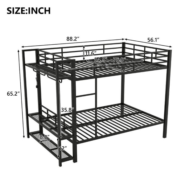 English Elm Full Over Metal Bunk Bed with LED Lighting Mesh Shelves and Hooks for Kids N7090000667B-1