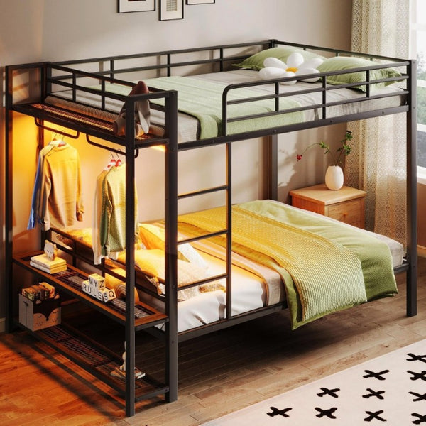 English Elm Full Over Metal Bunk Bed with LED Lighting Mesh Shelves and Hooks for Kids N7090000667B-1