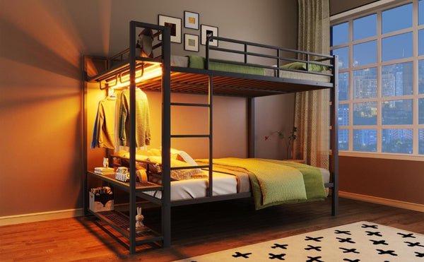 English Elm Full Over Metal Bunk Bed with LED Lighting Mesh Shelves and Hooks for Kids N7090000667B-1
