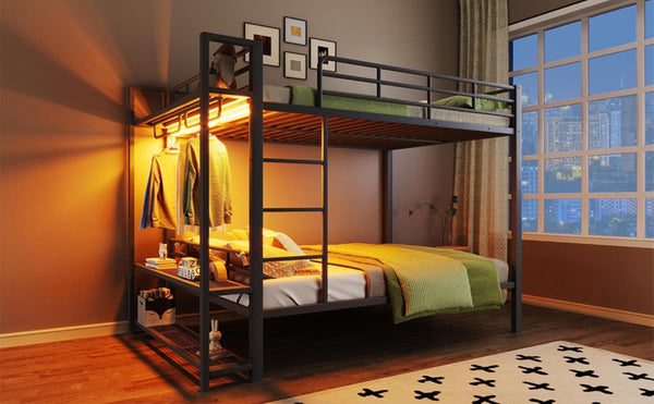 English Elm Full Over Metal Bunk Bed with LED Lighting Mesh Shelves and Hooks for Kids N7090000667B-1