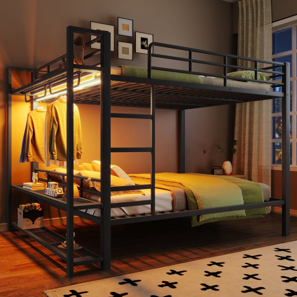 English Elm Queen Over Metal Bunk Bed with Led Lighting Mesh Shelves and Storage Hooks N7090000668B