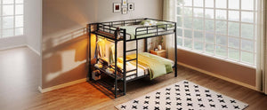 English Elm Queen Over Metal Bunk Bed with Led Lighting Mesh Shelves and Storage Hooks N7090000668B