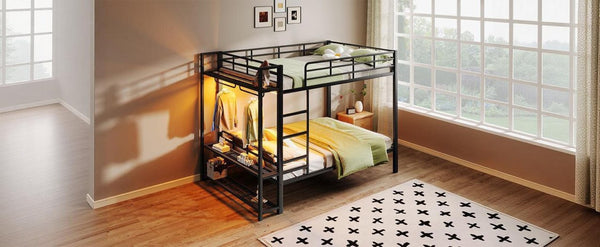 English Elm Queen Over Metal Bunk Bed with Led Lighting Mesh Shelves and Storage Hooks N7090000668B