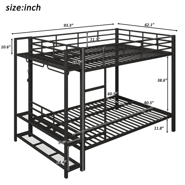 English Elm Queen Over Metal Bunk Bed with Led Lighting Mesh Shelves and Storage Hooks N7090000668B