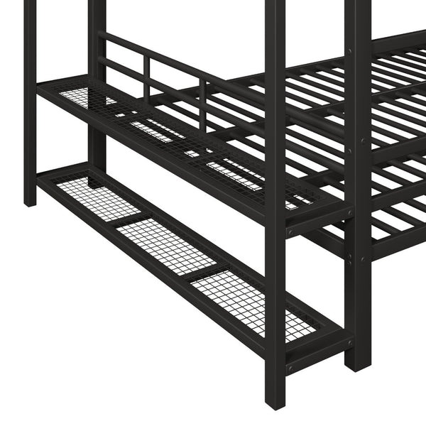 English Elm Queen Over Metal Bunk Bed with Led Lighting Mesh Shelves and Storage Hooks N7090000668B