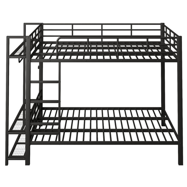 English Elm Queen Over Metal Bunk Bed with Led Lighting Mesh Shelves and Storage Hooks N7090000668B