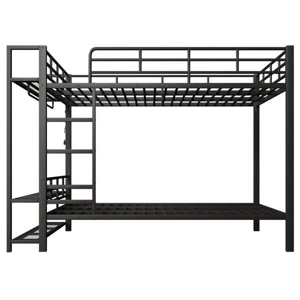 English Elm Queen Over Metal Bunk Bed with Led Lighting Mesh Shelves and Storage Hooks N7090000668B