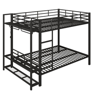 English Elm Queen Over Metal Bunk Bed with Led Lighting Mesh Shelves and Storage Hooks N7090000668B