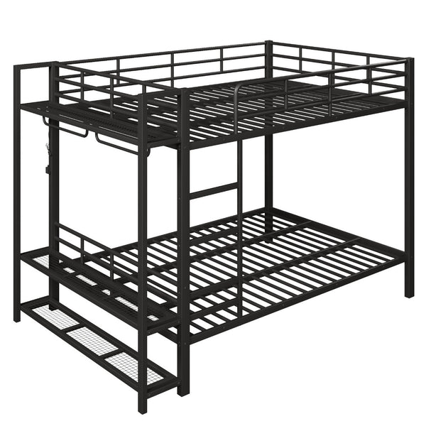 English Elm Queen Over Metal Bunk Bed with Led Lighting Mesh Shelves and Storage Hooks N7090000668B
