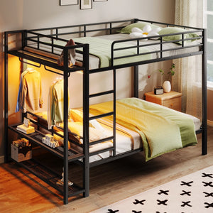 English Elm Queen Over Metal Bunk Bed with Led Lighting Mesh Shelves and Storage Hooks N7090000668B